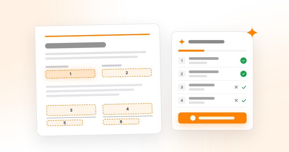 A services agreement with numbered dashed boxes where AI has found signature, name and date fields, beside a review list where each suggestion can be accepted or dismissed