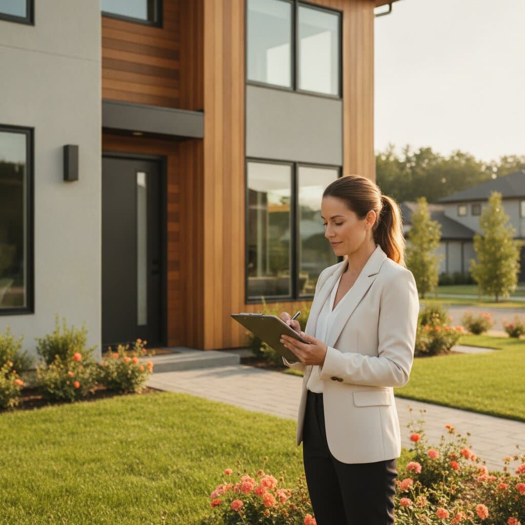 Insurance adjuster taking notes on a clipboard outside a modern home