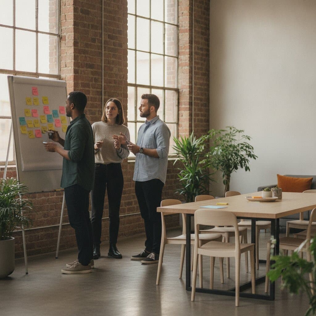Product team discussing sticky notes on a flipchart in a loft office
