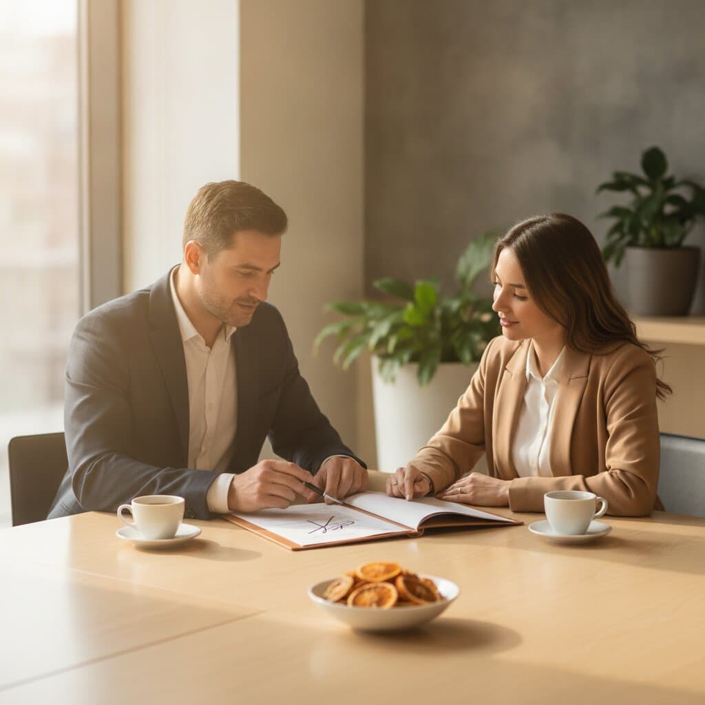 Two colleagues reviewing a signed agreement together over coffee at a bright table