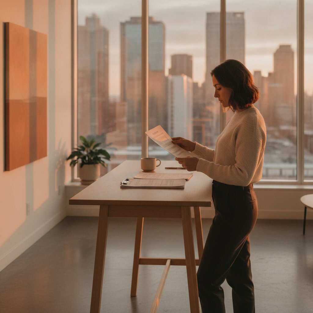 Sales representative reviewing a printed contract at a standing desk in front of a city skyline at dusk