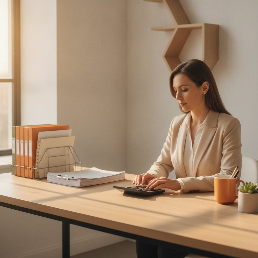 Accountant working with a calculator, paper files, and folders at an organized desk in morning light