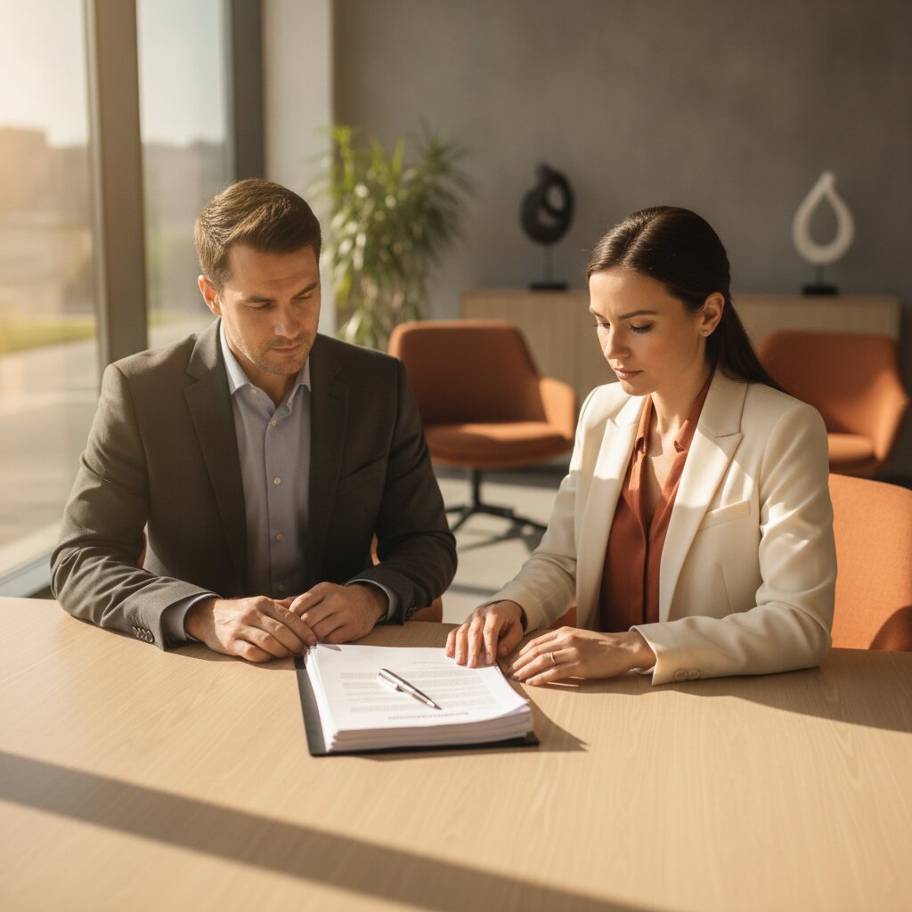 Two attorneys reviewing a paper agreement with a pen at a sunlit conference table