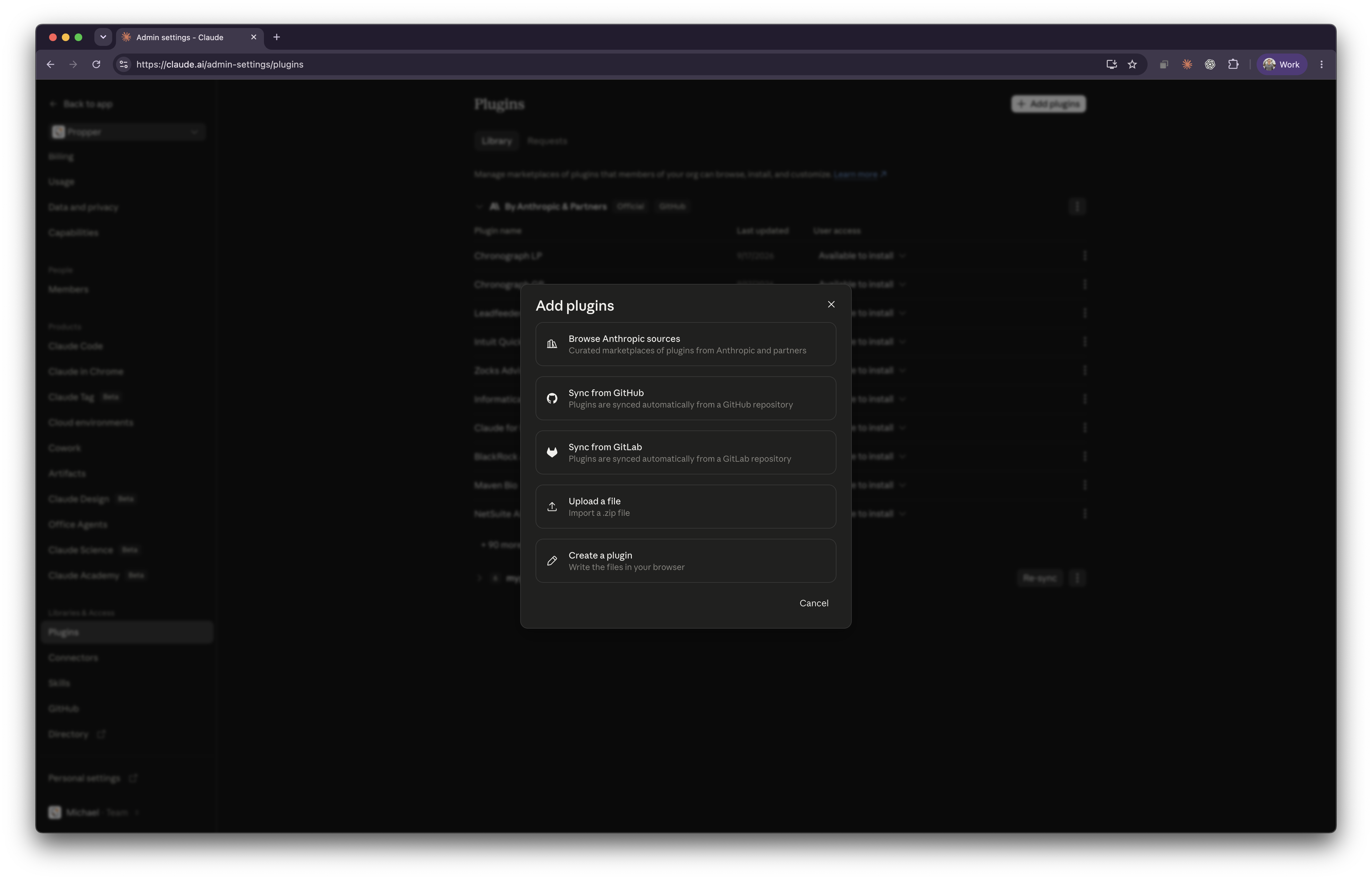 Claude organization settings with the Add plugins dialog showing Browse Anthropic sources, Sync from GitHub, Sync from GitLab, Upload a file, and Create a plugin
