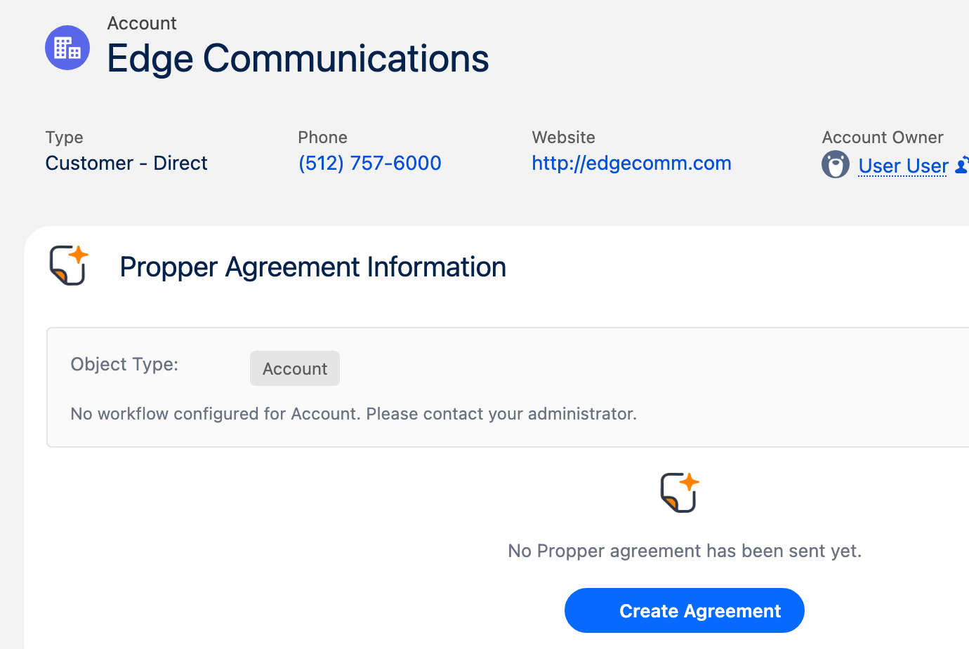 PropperAgreementInfo on the Edge Communications Account record page