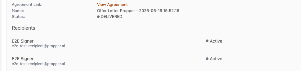 Agreement status detail: delivered, with active recipients