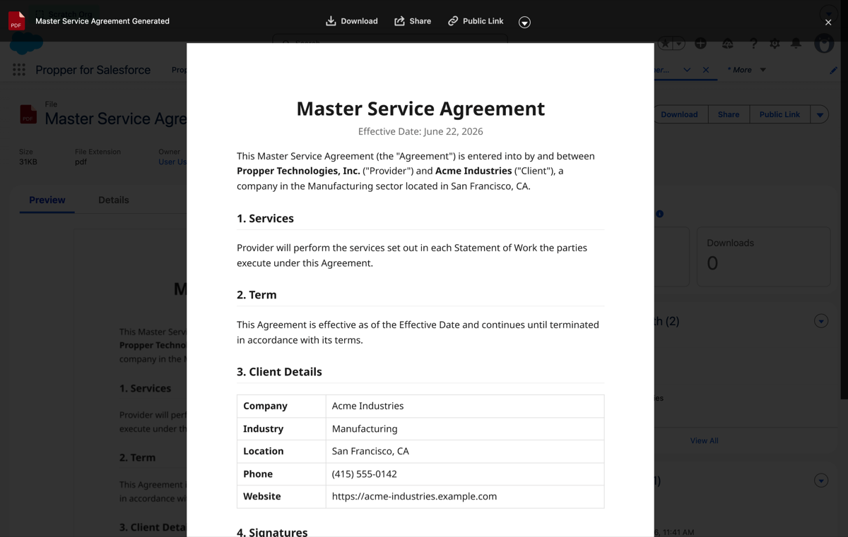 The rendered document with the record's data merged in